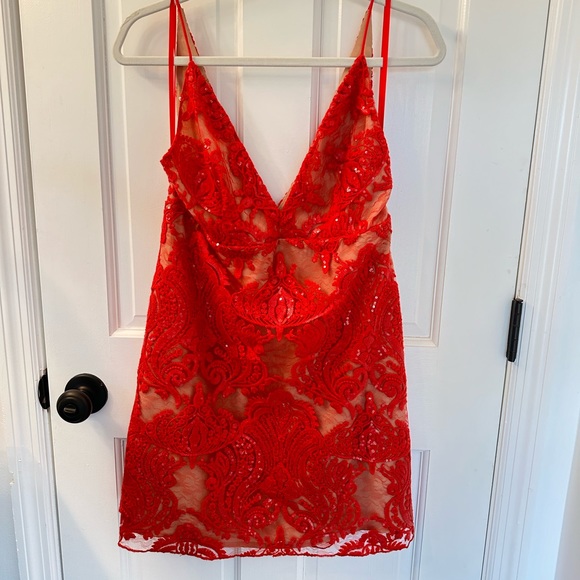 Free People Night Shimmers Red Lace Dress Size Medium - Picture 3 of 5